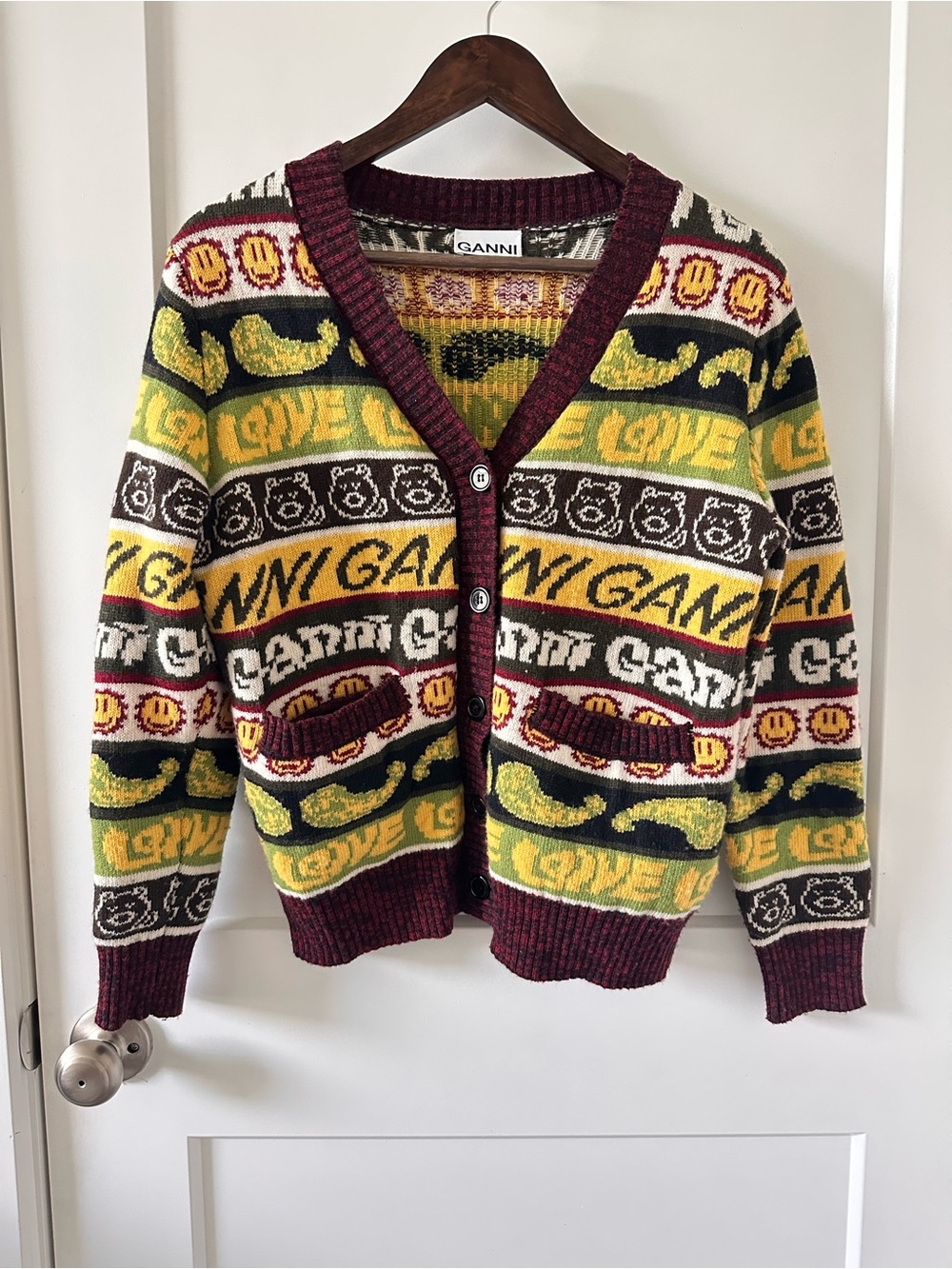 Ganni Multicolor Knit Cardigan with Burgundy Trim and Yellow Accents